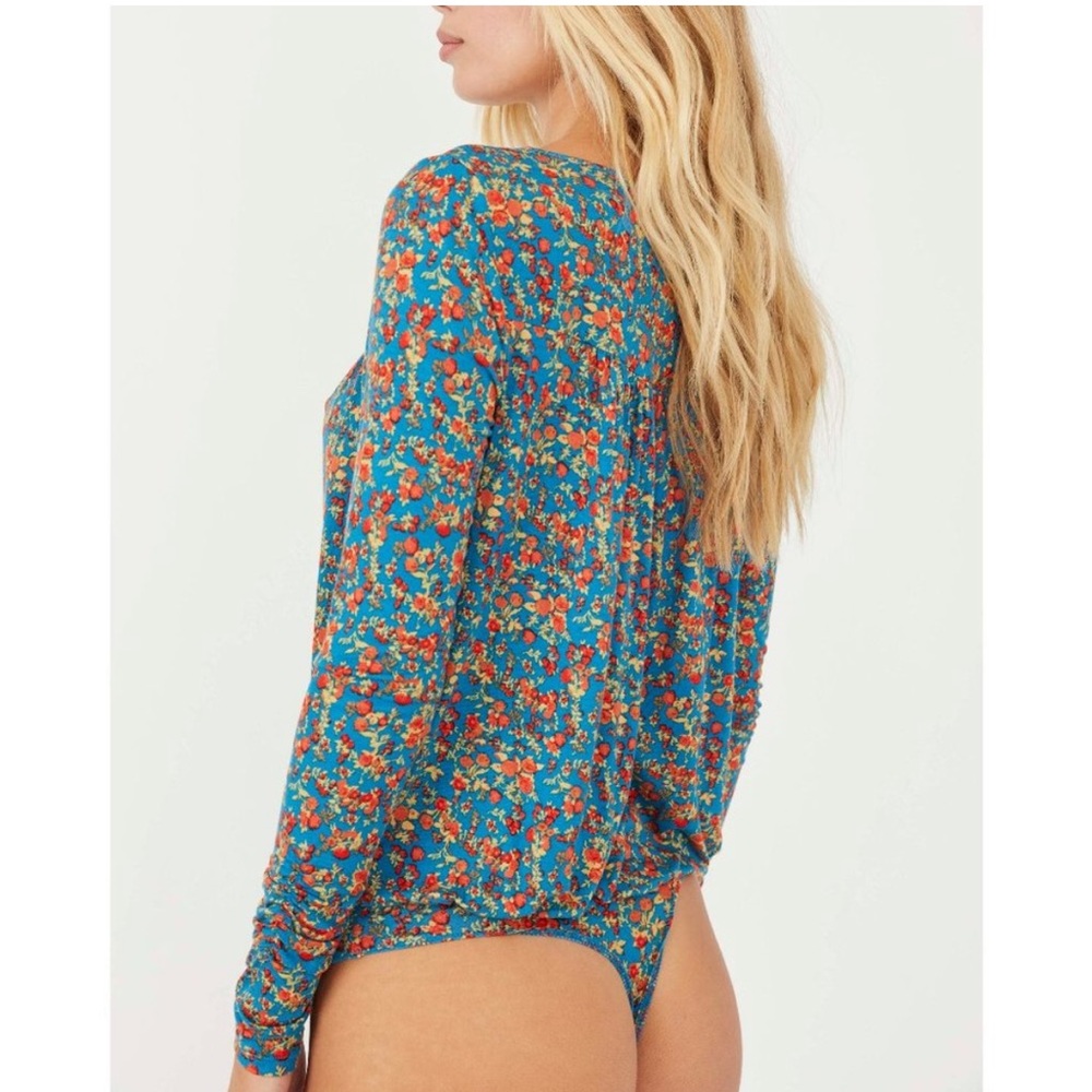 Free People Kaya Floral Printed Plunge Neckline Long Sleeve Bodysuit Turquoise - Picture 4 of 13
